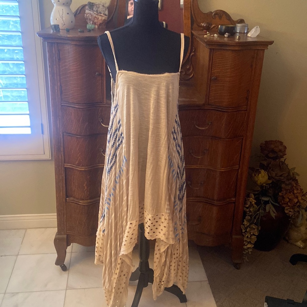 Free People Asymmetrical Blue and Cream Tank Top